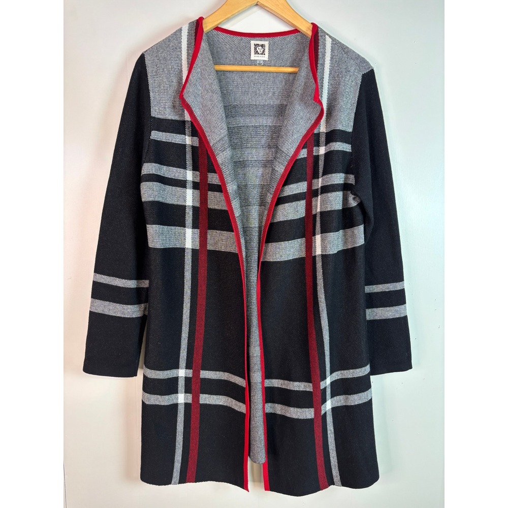 Anne Klein Cardigan Small Black Red Plaid Striped Open Front Long Sweater Women